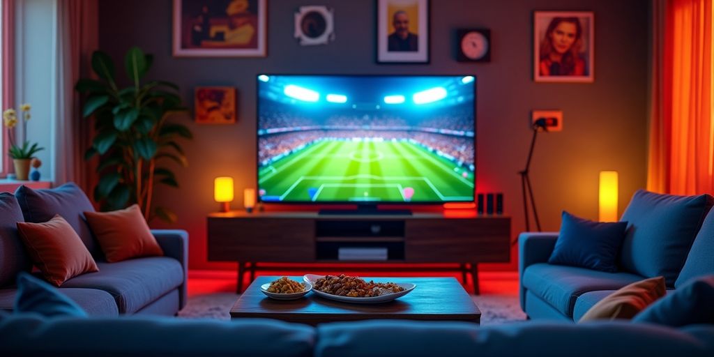 Cozy living room with TV showing live sports.