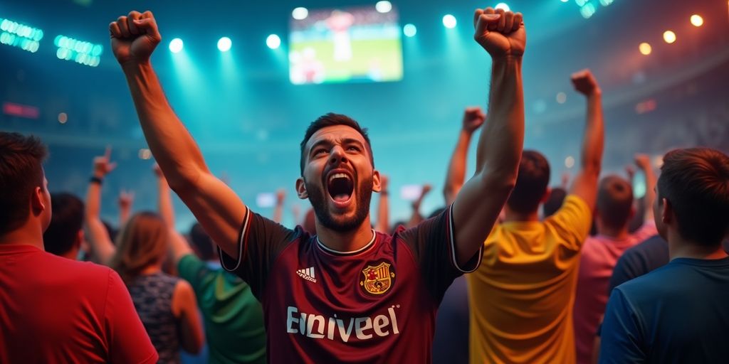 Fan cheering while watching live sports on a screen.