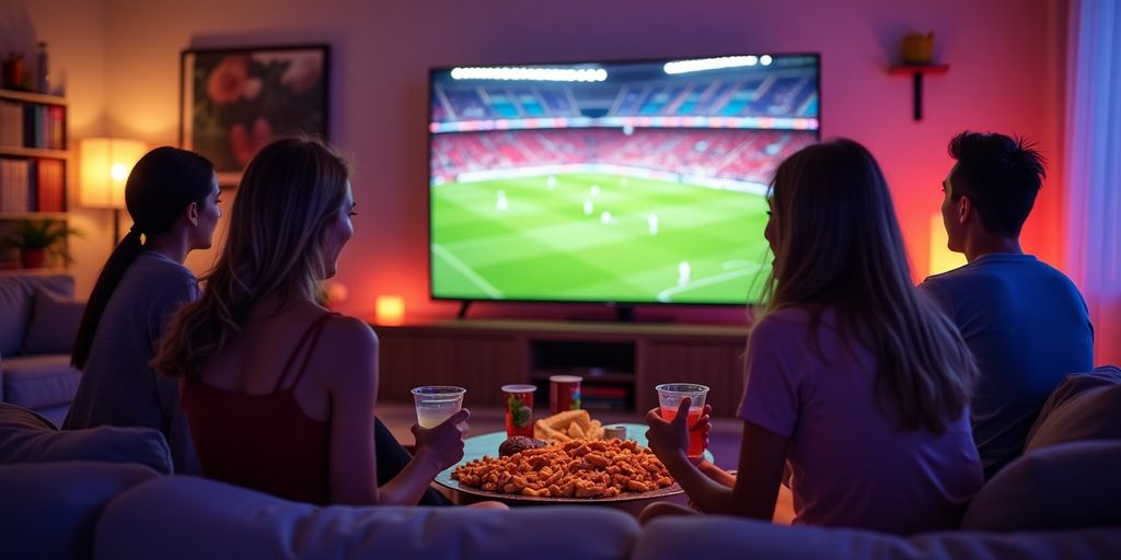 Friends watching sports on TV with snacks and drinks.